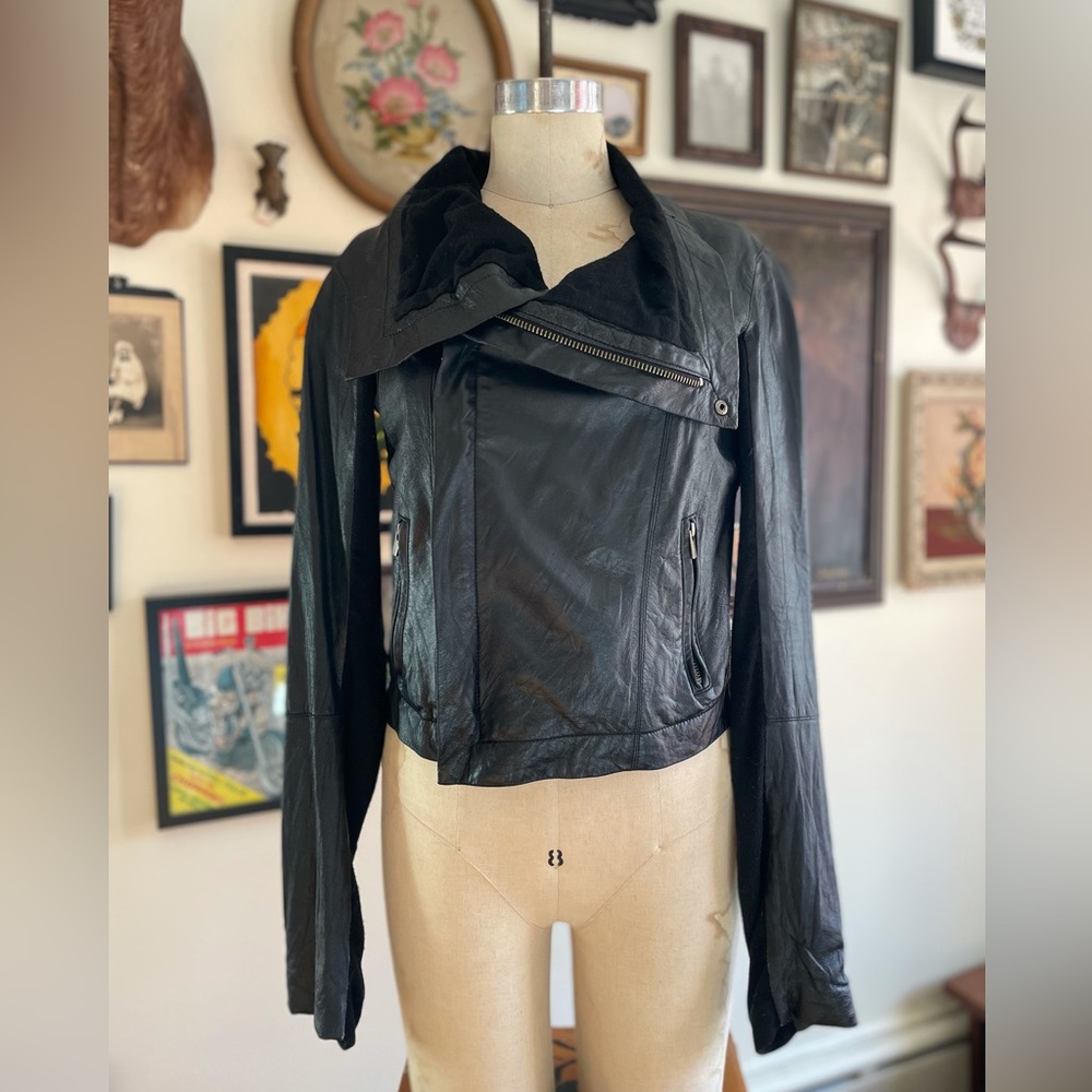 Nordstrom Veda Leather Minimalist Moto Jacket Funnel Neck